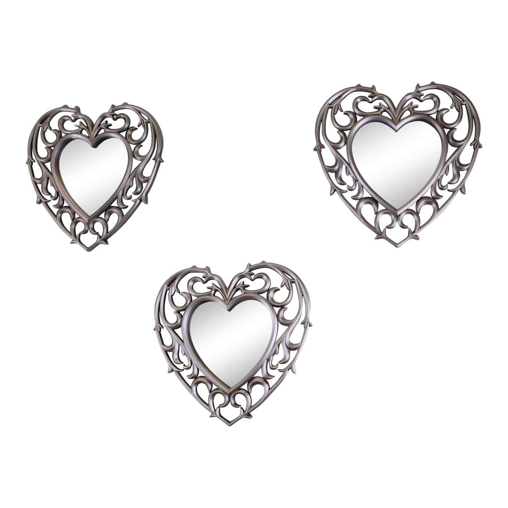 Set of 3 Decorative Silver Filigree Heart Shaped Wall Mounted Mirrors - Price Crash Furniture