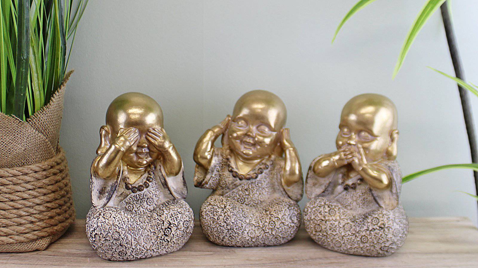 Set of 3 Gold Buddha Ornaments, See No Evil, Hear No Evil, Speak No Evil - Price Crash Furniture