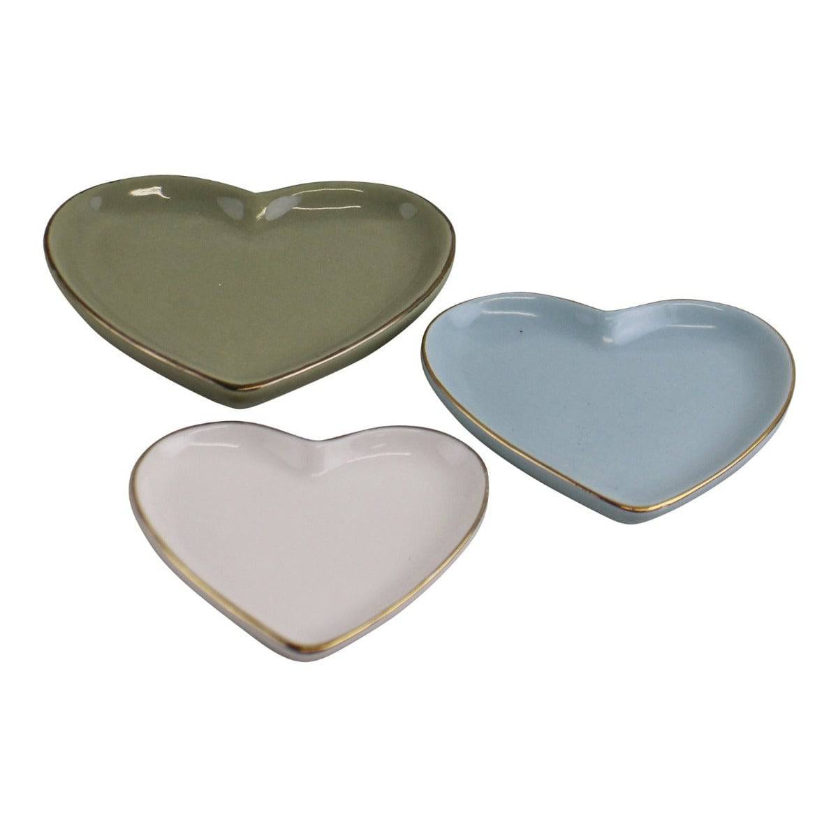 Set Of 3 Heart Shaped Ceramic Trinket Plates With A Gold Edge - Price Crash Furniture