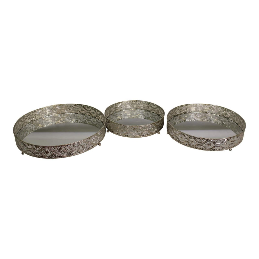 Set Of 3 Silver Metal And Mirrored Candle Plates - Price Crash Furniture