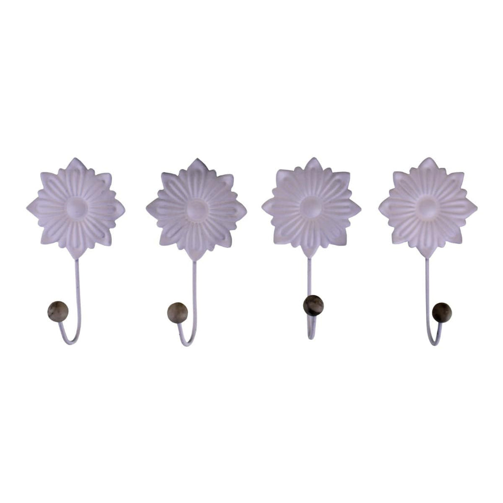 Set of 4 Decorative Metal Coat Hooks, White Flowers - Price Crash Furniture