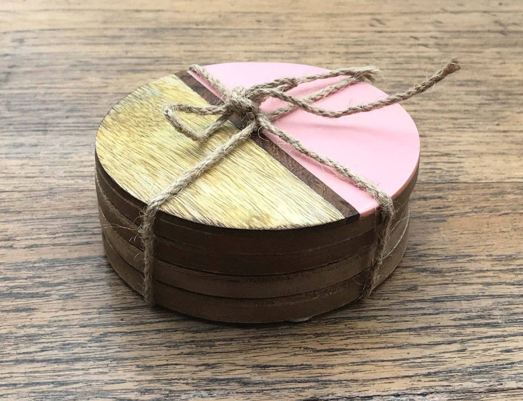 Set Of 4 Round Two Toned Wooden Coasters - Pink - Price Crash Furniture