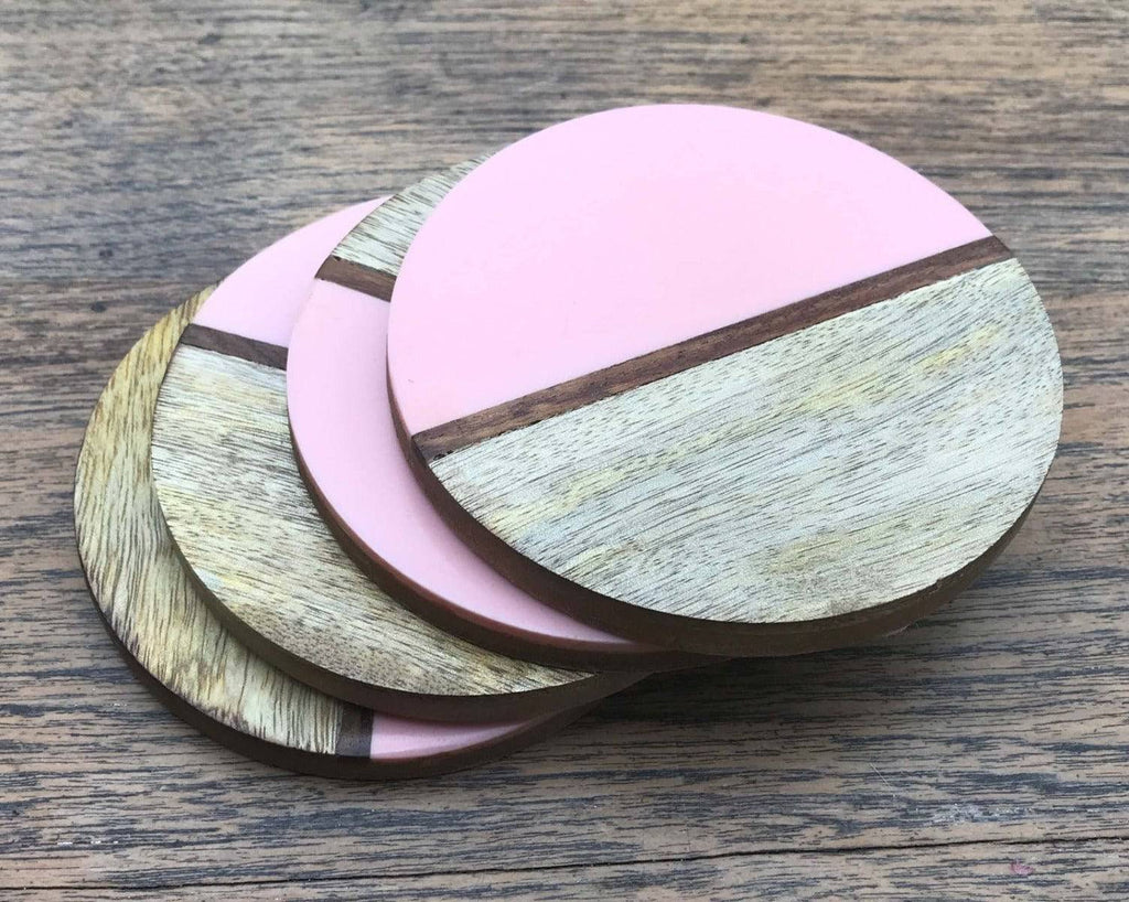 Set Of 4 Round Two Toned Wooden Coasters - Pink - Price Crash Furniture