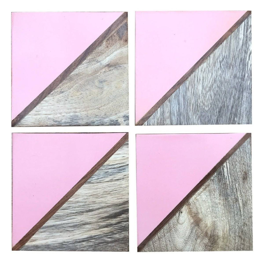 Set Of 4 Square Two Toned Wooden Coasters - Pink - Price Crash Furniture