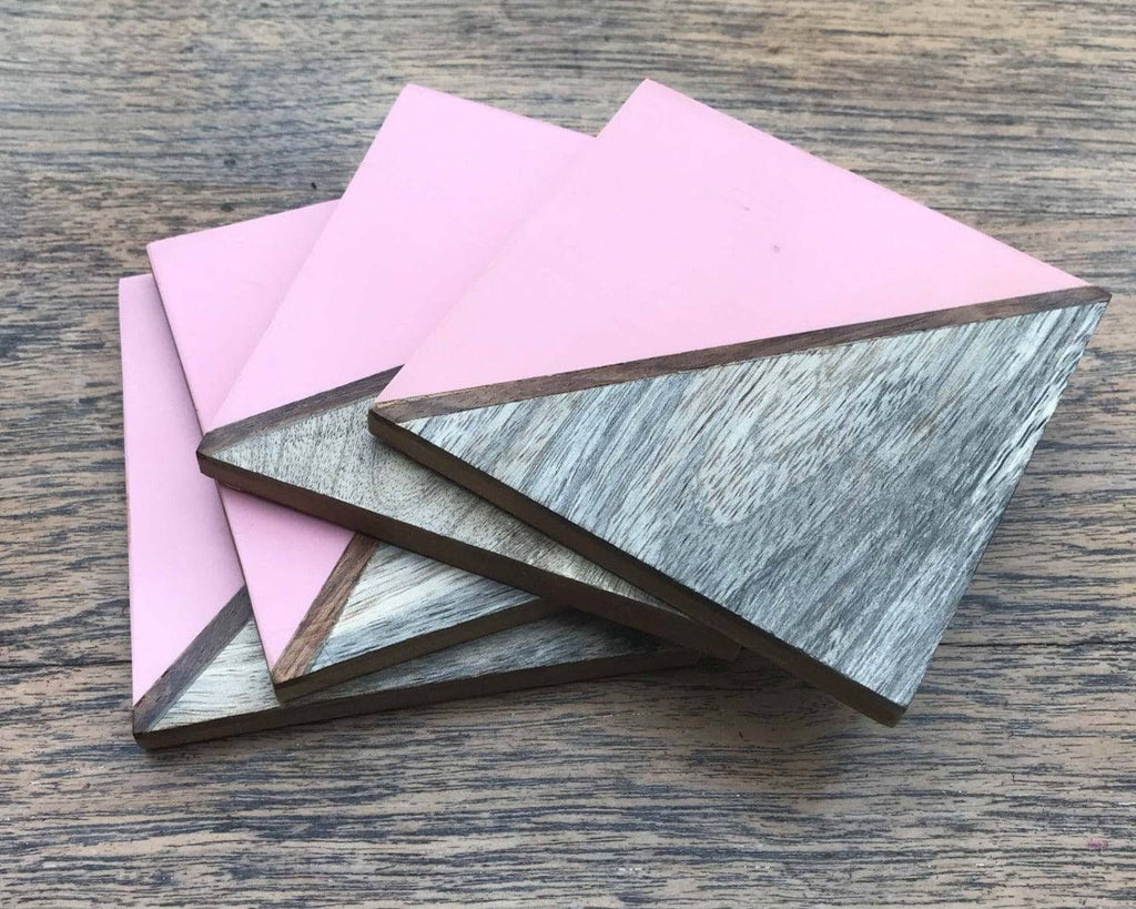 Set Of 4 Square Two Toned Wooden Coasters - Pink - Price Crash Furniture