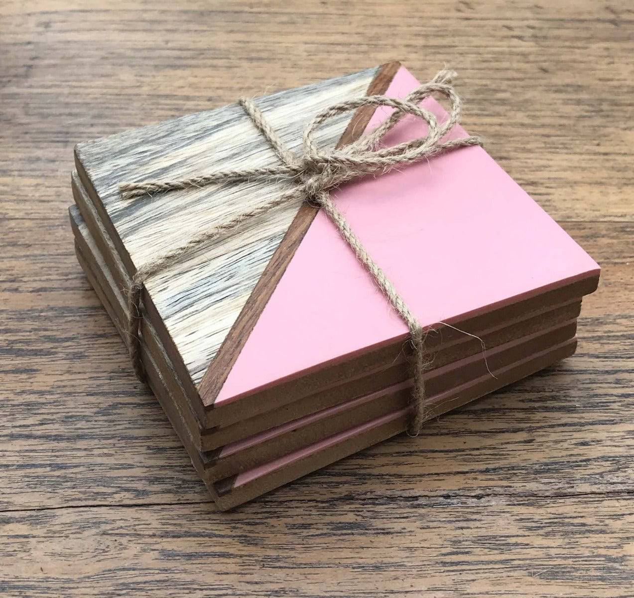 Set Of 4 Square Two Toned Wooden Coasters - Pink - Price Crash Furniture