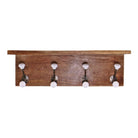 Set of 4 White Ceramic Double Coat Hooks On Wooden Base With Shelf - Price Crash Furniture