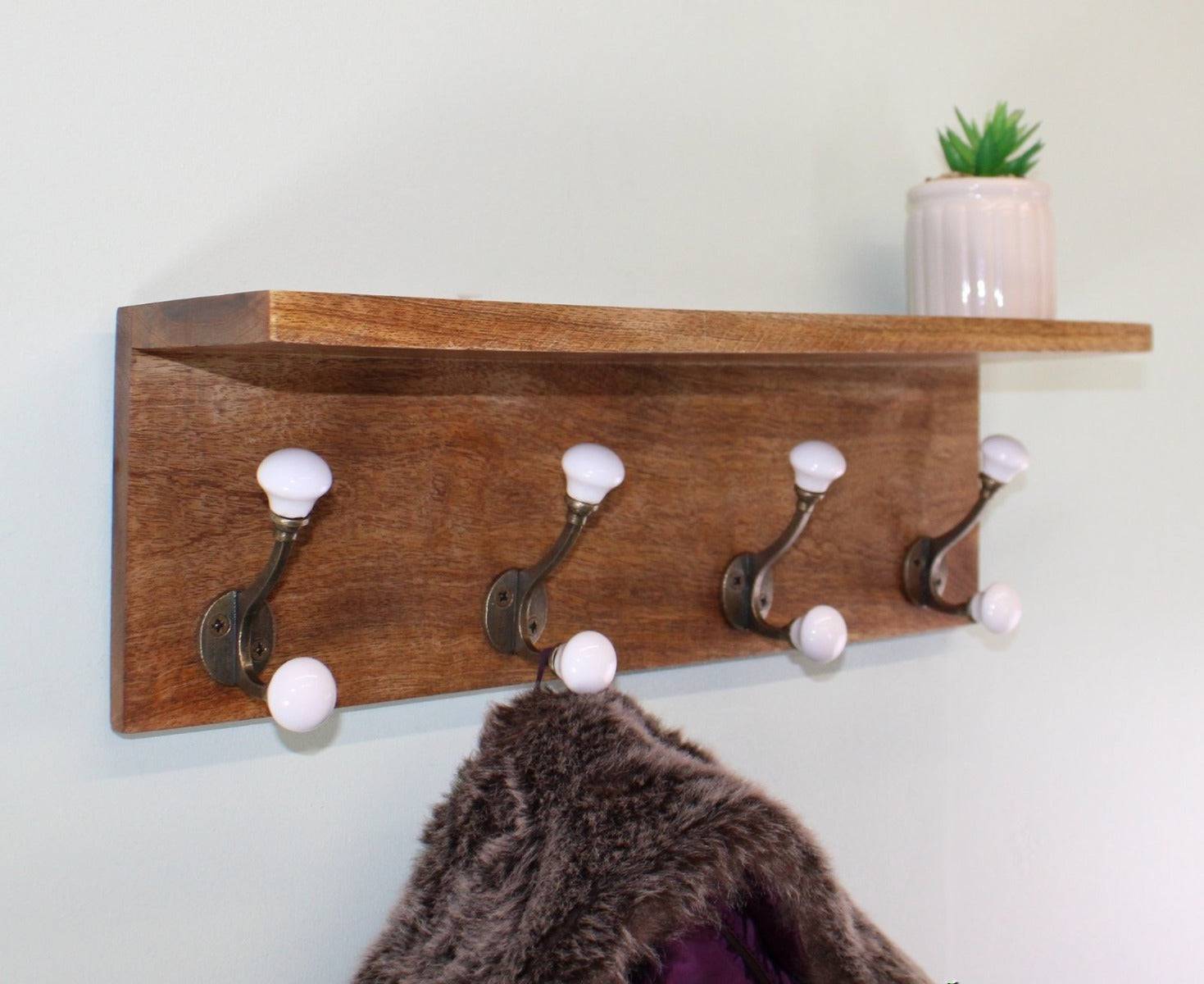 Set of 4 White Ceramic Double Coat Hooks On Wooden Base With Shelf - Price Crash Furniture