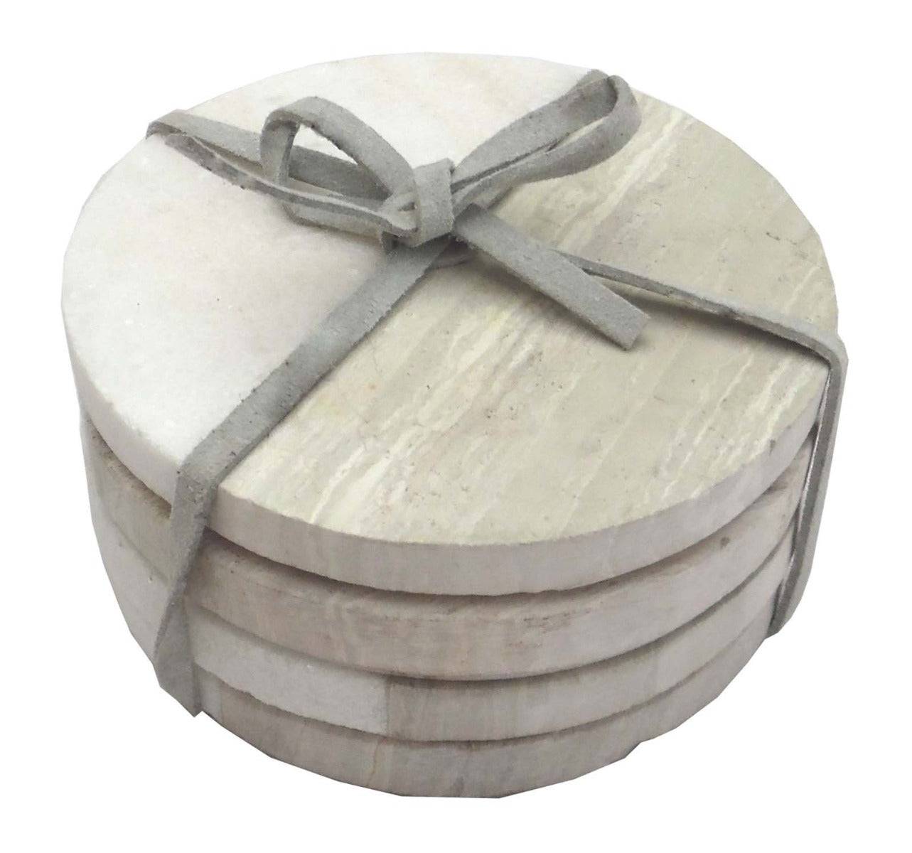 Set of 4 Wood Effect Marble Coasters - Round - Price Crash Furniture