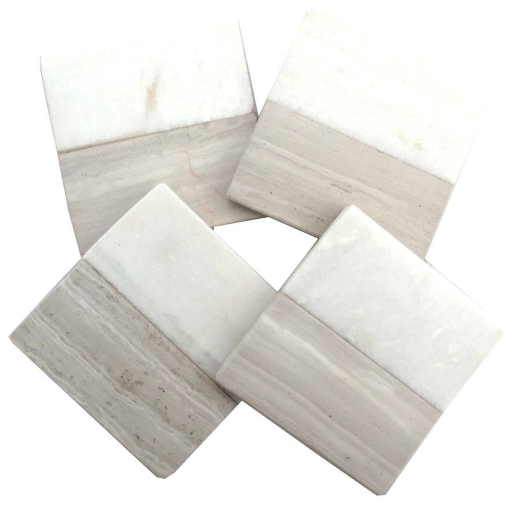 Set of 4 Wood Effect Marble Coasters - Square - Price Crash Furniture