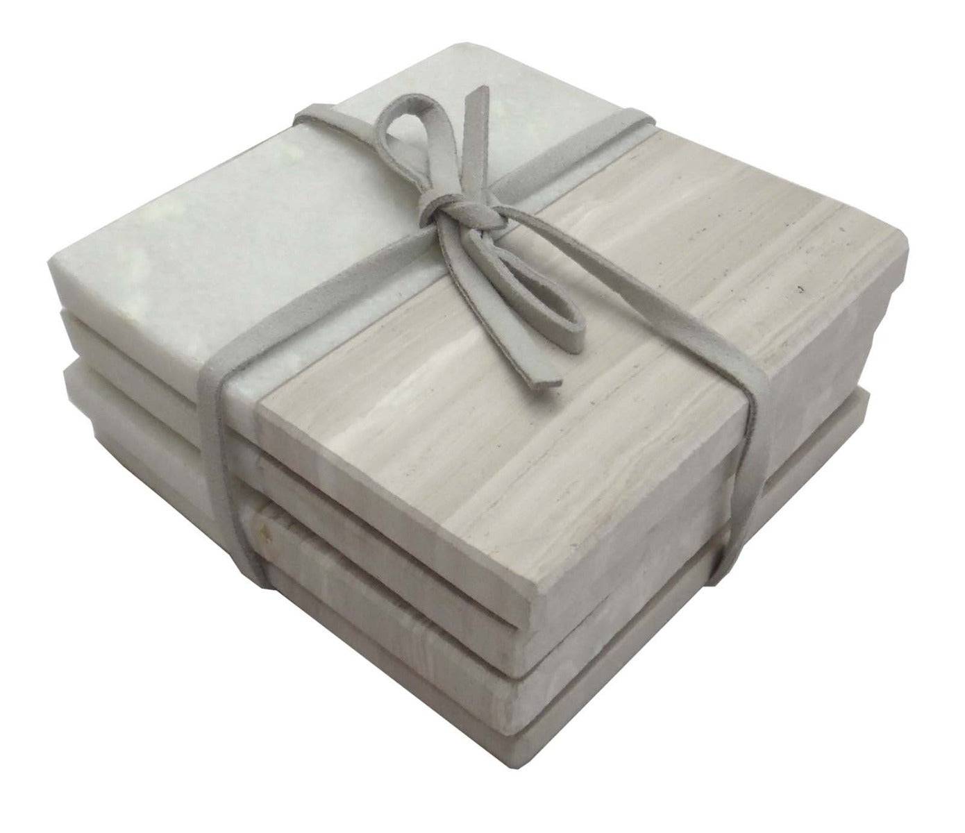 Set of 4 Wood Effect Marble Coasters - Square - Price Crash Furniture