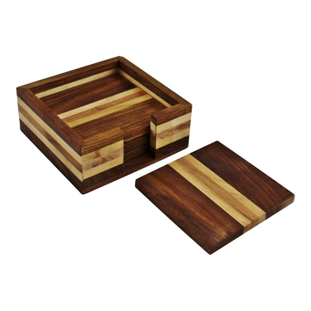 Set of 4 Wooden Coasters With Holder - Price Crash Furniture