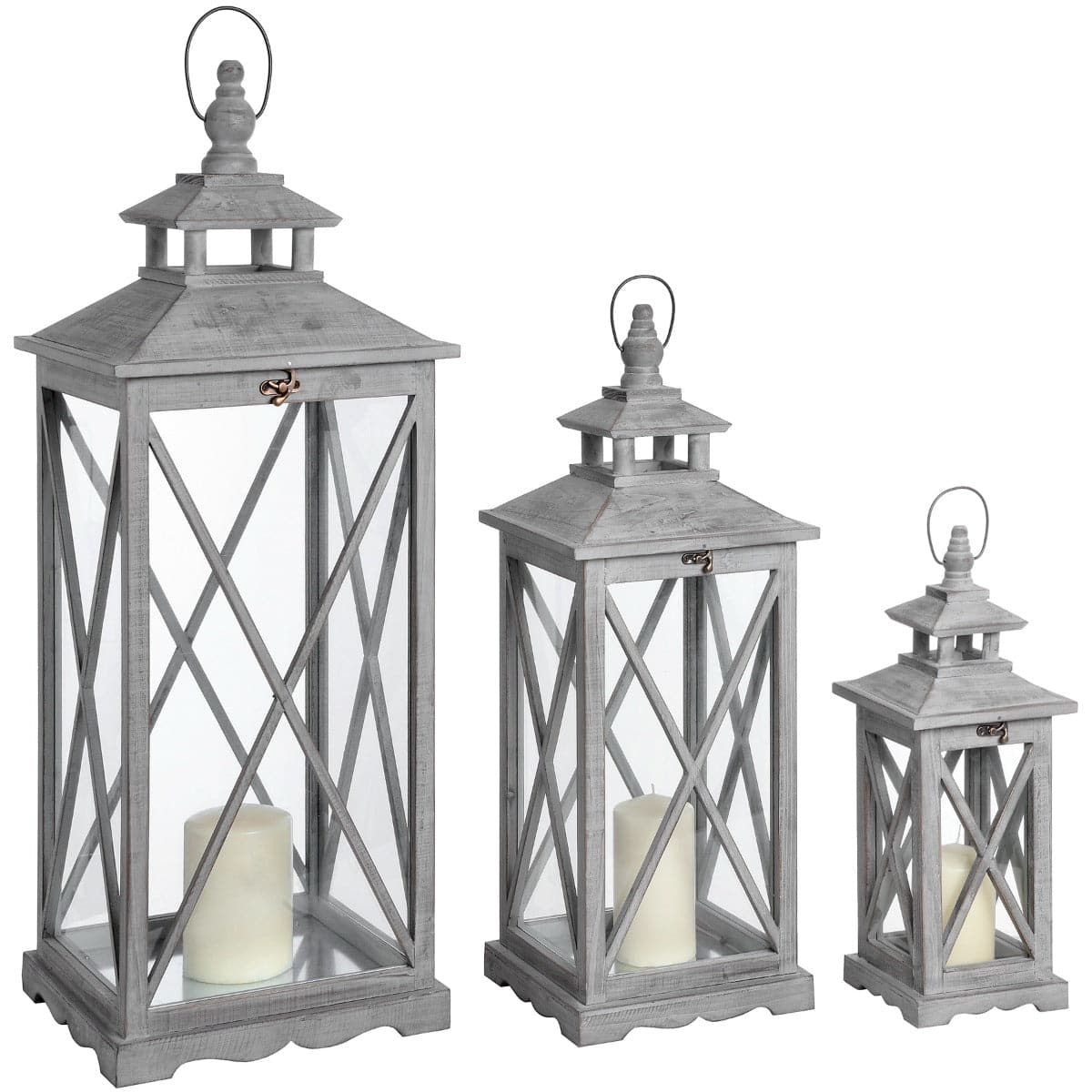 Set Of Three Wooden Lanterns With Traditional Cross Section - Price Crash Furniture