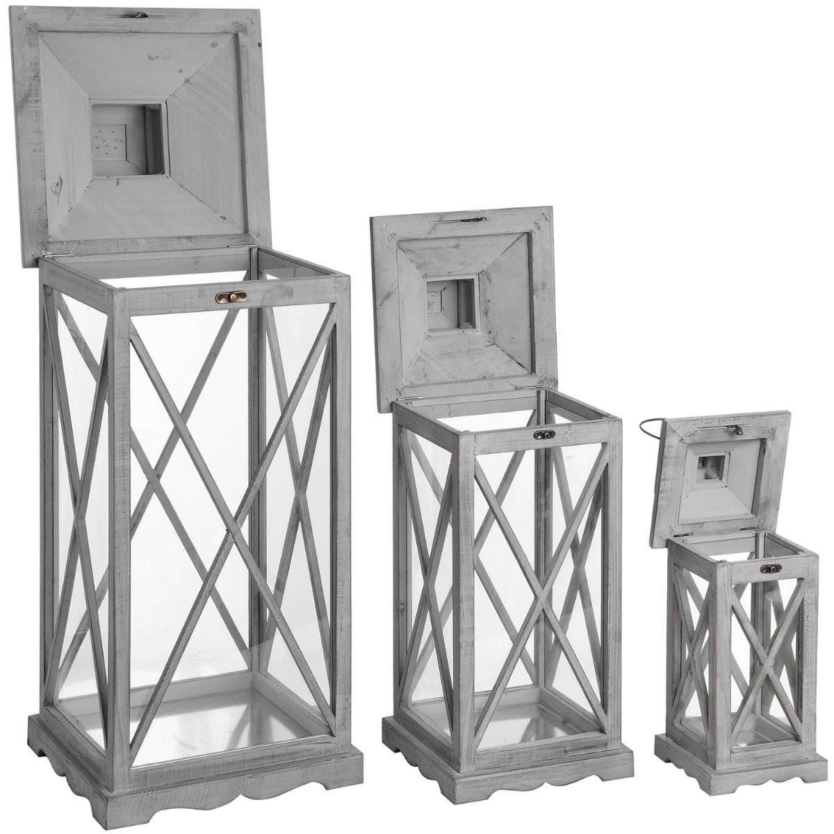 Set Of Three Wooden Lanterns With Traditional Cross Section - Price Crash Furniture