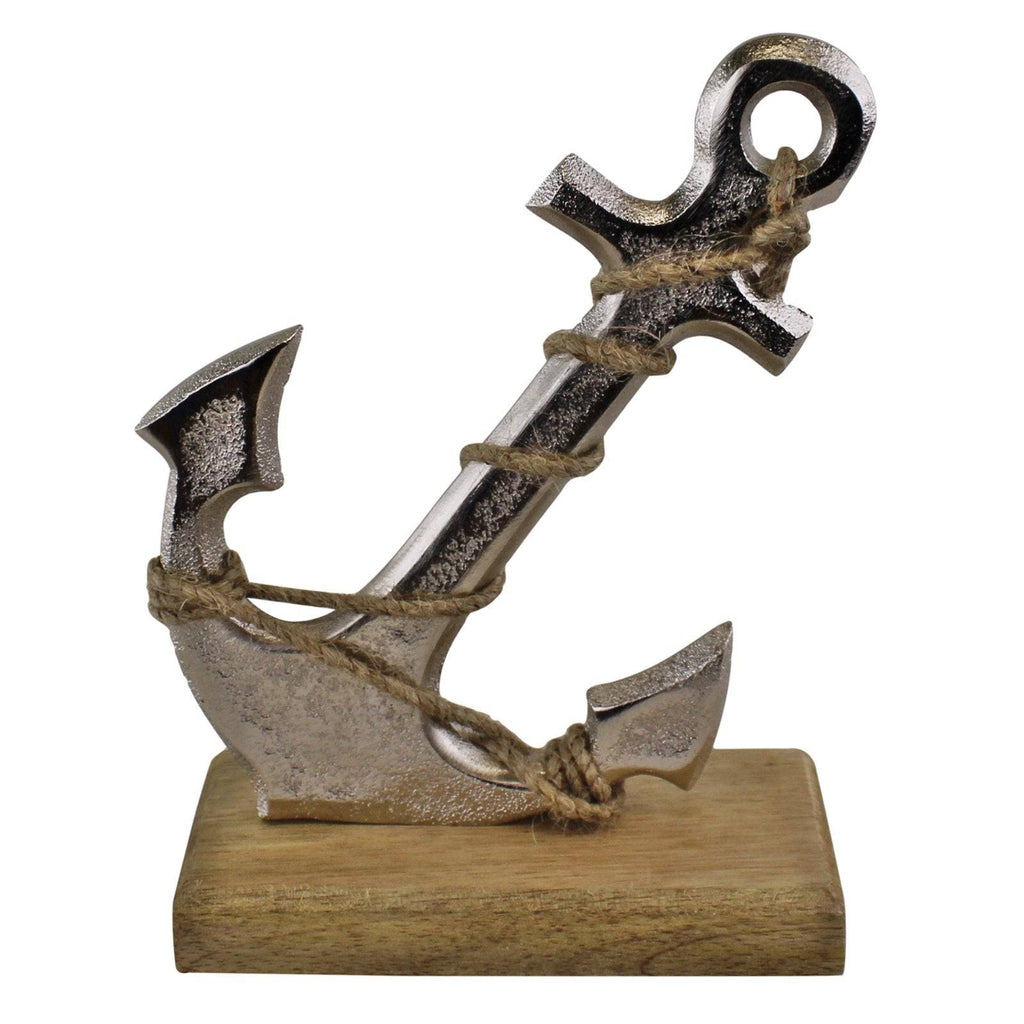 Silver Metal Anchor Nautical Ornament on Wooden Base - Price Crash Furniture