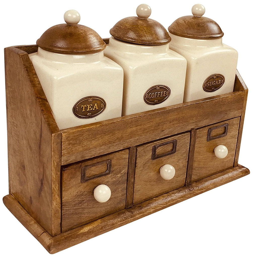 Three Ceramic Jars With Wooden Drawers Tea Coffee Sugar - Price Crash Furniture