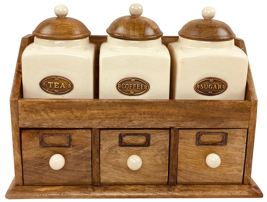 Three Ceramic Jars With Wooden Drawers Tea Coffee Sugar - Price Crash Furniture