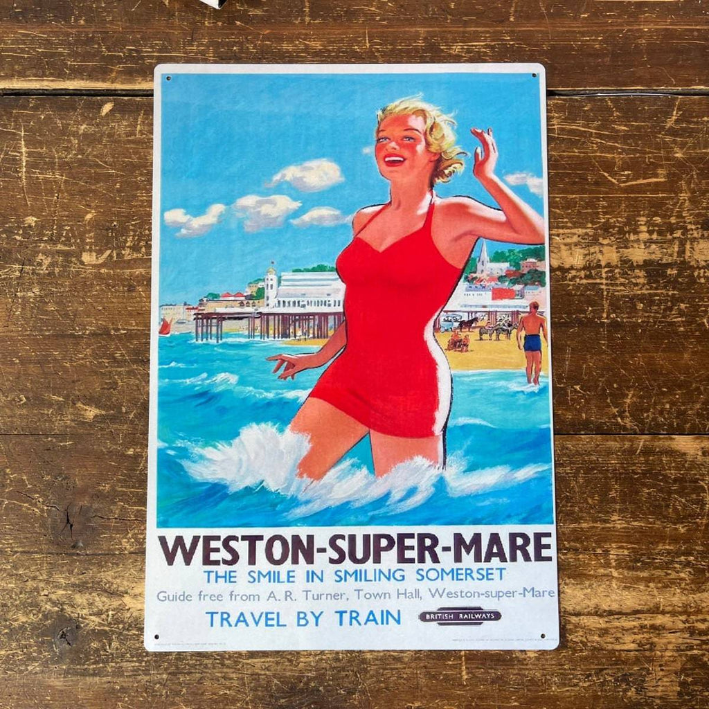 Vintage Metal Sign - British Railways Retro Advertising, Weston-Super-Mare, Somerset - Price Crash Furniture