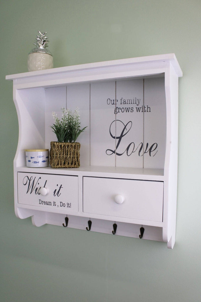 Wall Unit in White with Hooks, Drawers & Shelf - Price Crash Furniture
