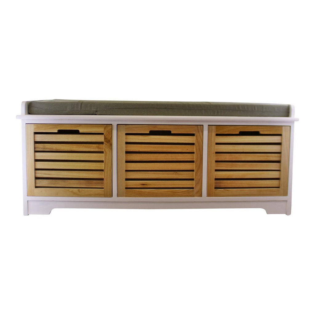 White & Natural 3 Drawer Storage Bench With Grey Cushion - Price Crash Furniture