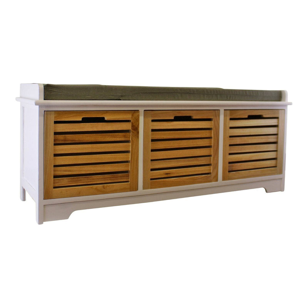 White & Natural 3 Drawer Storage Bench With Grey Cushion - Price Crash Furniture
