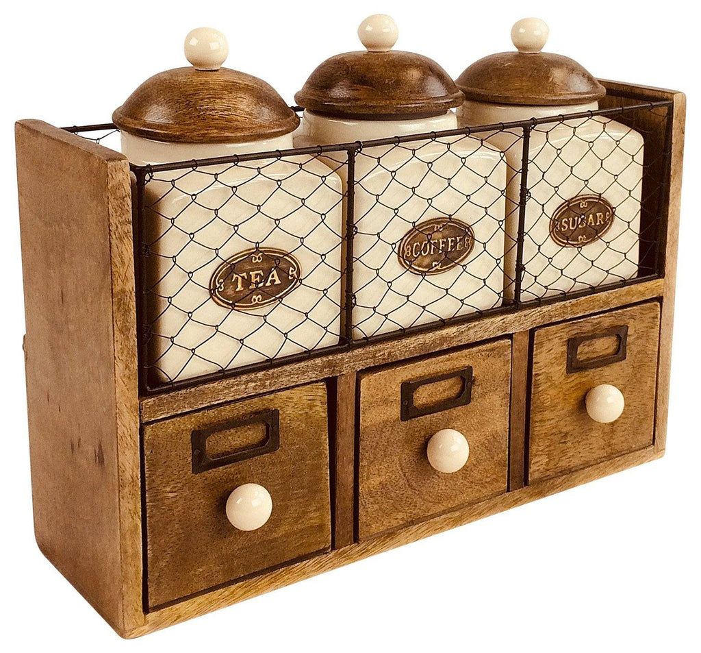 Wooden Cabinet With 3 Jars & Drawers Tea Coffee Sugar - Price Crash Furniture