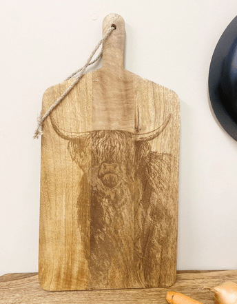 Wooden Chopping Board With Highland Cow Engraving 50cm - Price Crash Furniture