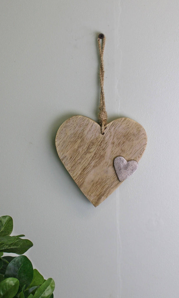 Wooden Hanging Heart Ornament With Silver Heart - Price Crash Furniture