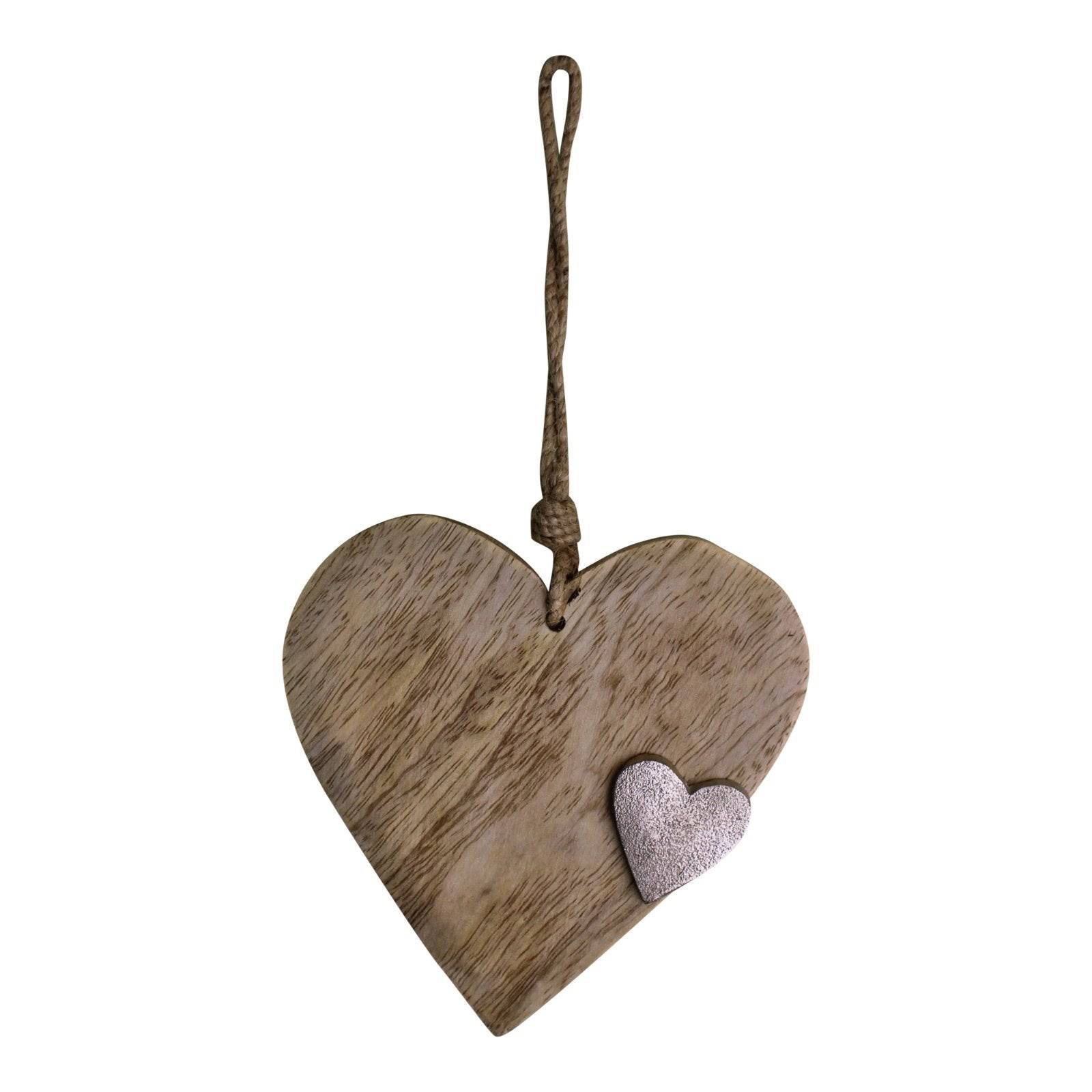 Wooden Hanging Heart Ornament With Silver Heart - Price Crash Furniture