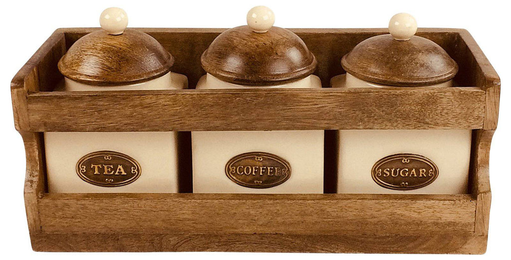 Wooden Rack with 3 Ceramic Jars - Tea Coffee Sugar - Price Crash Furniture