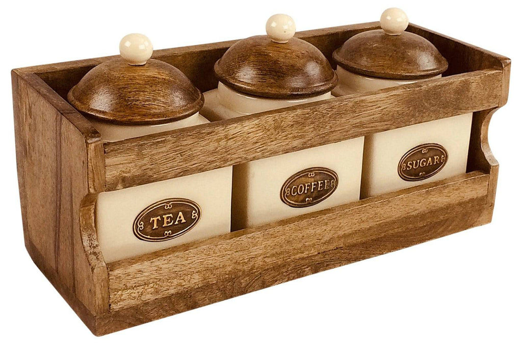 Wooden Rack with 3 Ceramic Jars - Tea Coffee Sugar - Price Crash Furniture