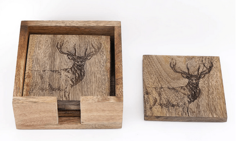 Wooden Set of 4 Engraved Stag Coasters - Price Crash Furniture