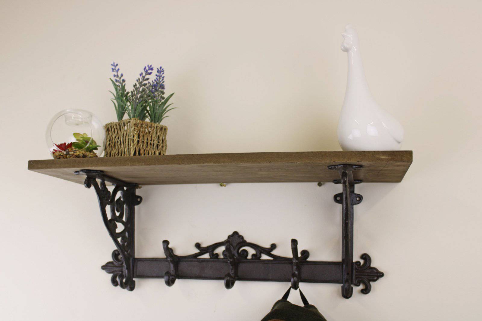 Wooden Wall Shelf with Cast Iron Coat Hooks - Price Crash Furniture