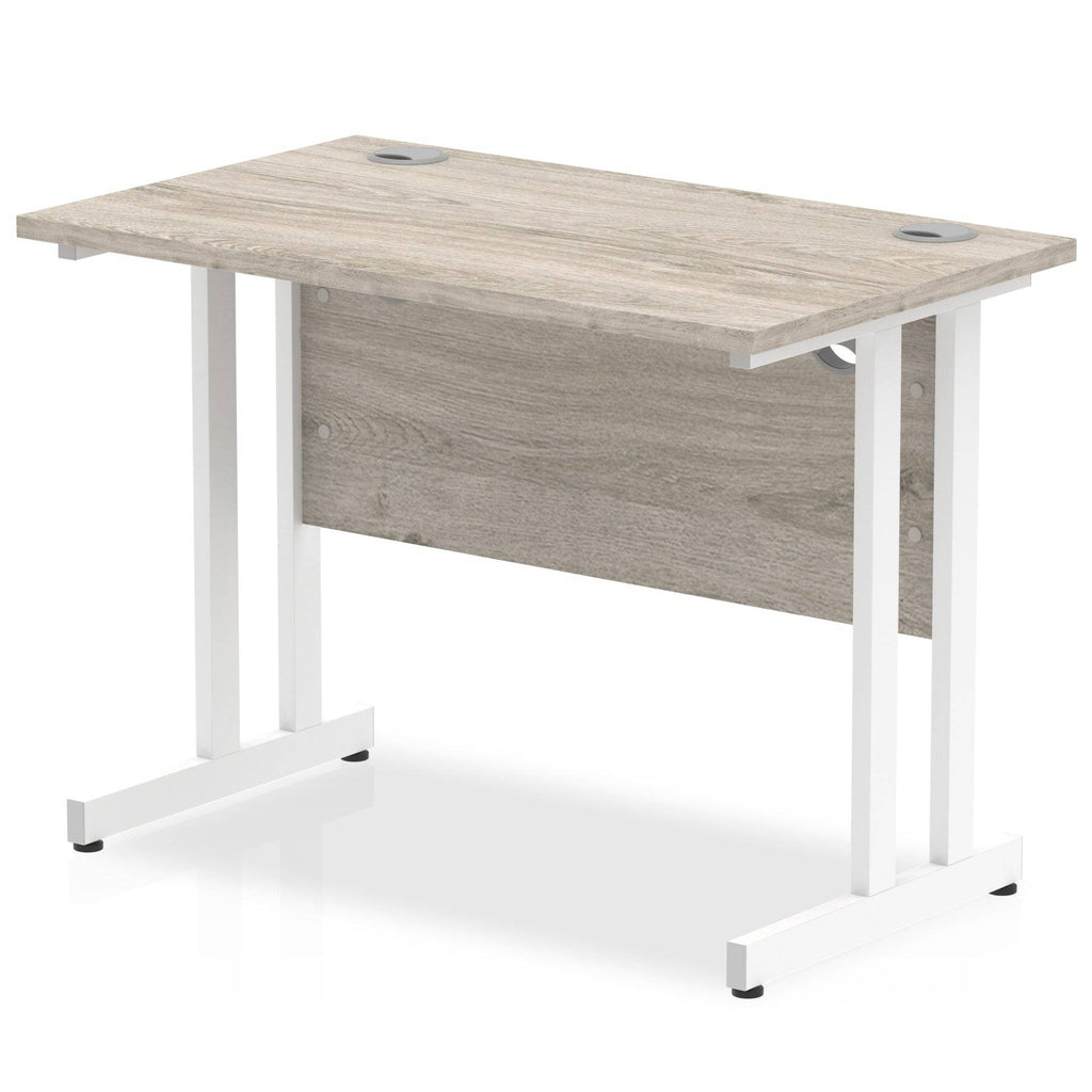 Impulse 600m deep Straight Desk with Grey Oak Top and White Cantilever Leg - Price Crash Furniture