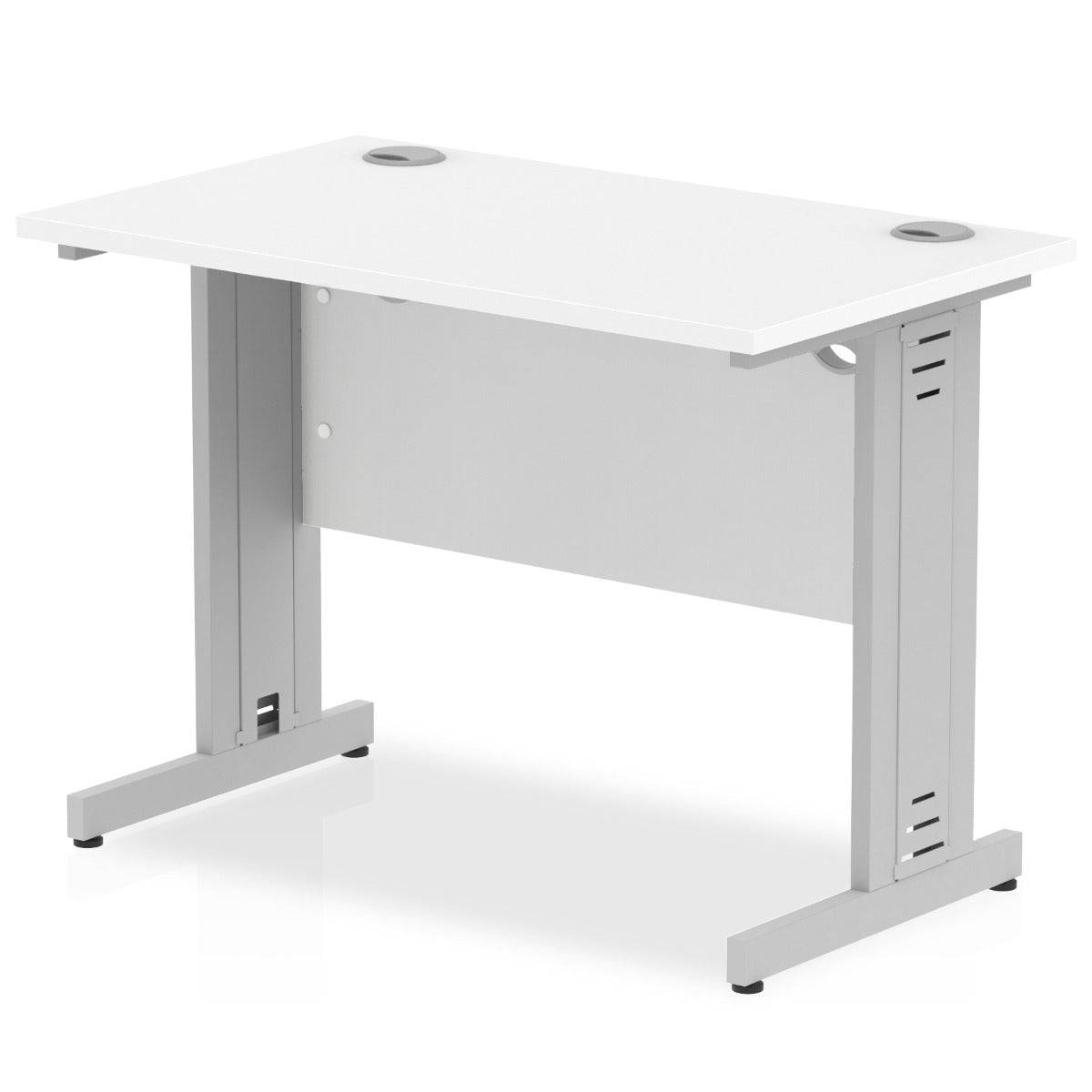 Impulse 600mm deep Straight Desk with White Top and Silver Cable Managed Leg - Price Crash Furniture