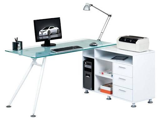 Alphason Augusta Premium White & Glass Corner Desk Workstation - Price Crash Furniture