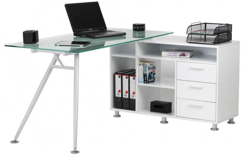 Alphason Augusta Premium White & Glass Corner Desk Workstation - Price Crash Furniture