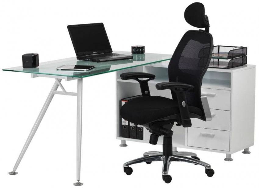 Alphason Augusta Premium White & Glass Corner Desk Workstation - Price Crash Furniture