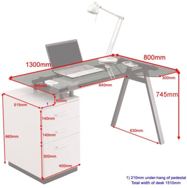 Alphason Cleveland 4 White & Smoked Glass Desk with Pedestal Drawers - Price Crash Furniture