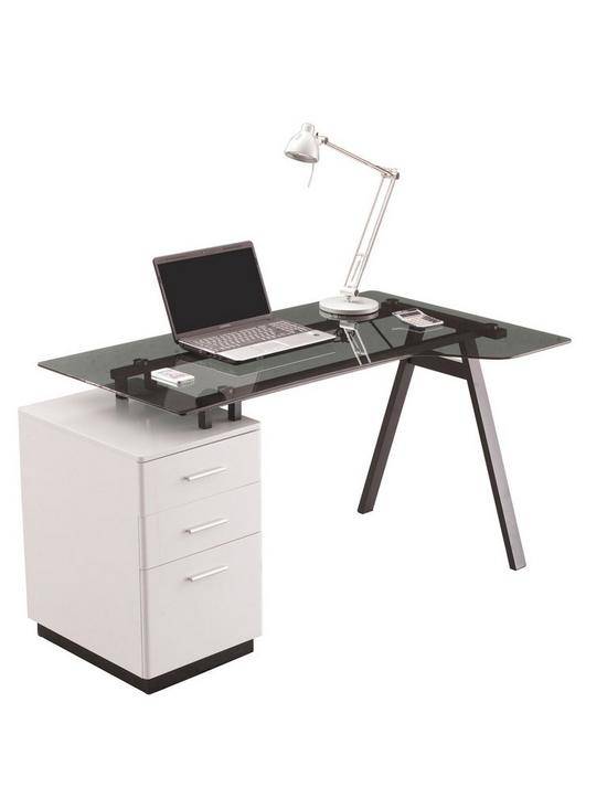 Alphason Cleveland 4 White & Smoked Glass Desk with Pedestal Drawers - Price Crash Furniture