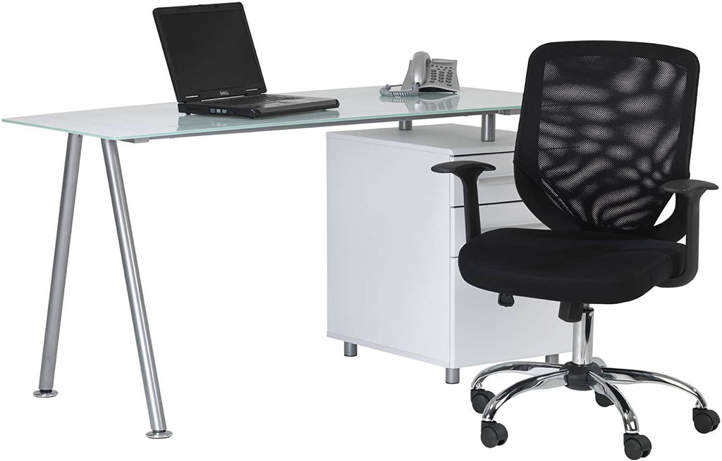 Alphason Cleveland White & Glass Computer Desk with Pedestal Drawers - Price Crash Furniture