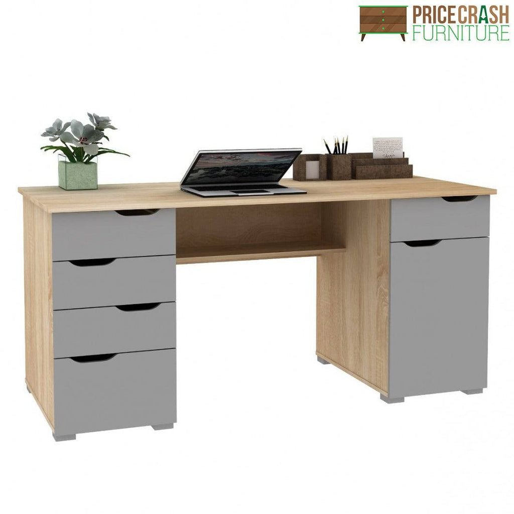 Alphason Kentucky Home Office Desk in Light Oak & Gloss Grey - Price Crash Furniture