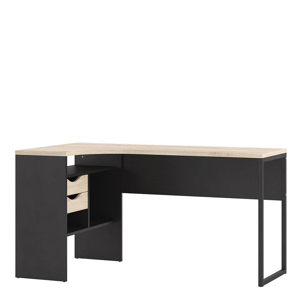 Function Plus Corner Desk with 2 Drawers in Black Matt and Oak - Price Crash Furniture