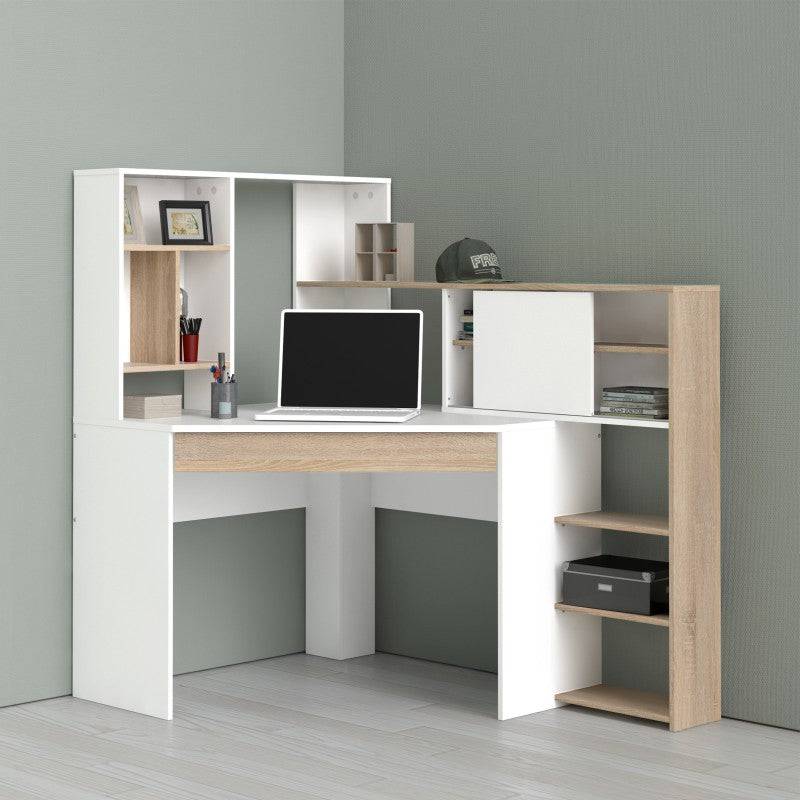 Function Plus Corner Desk with multi-functional unit In White and Oak - Price Crash Furniture