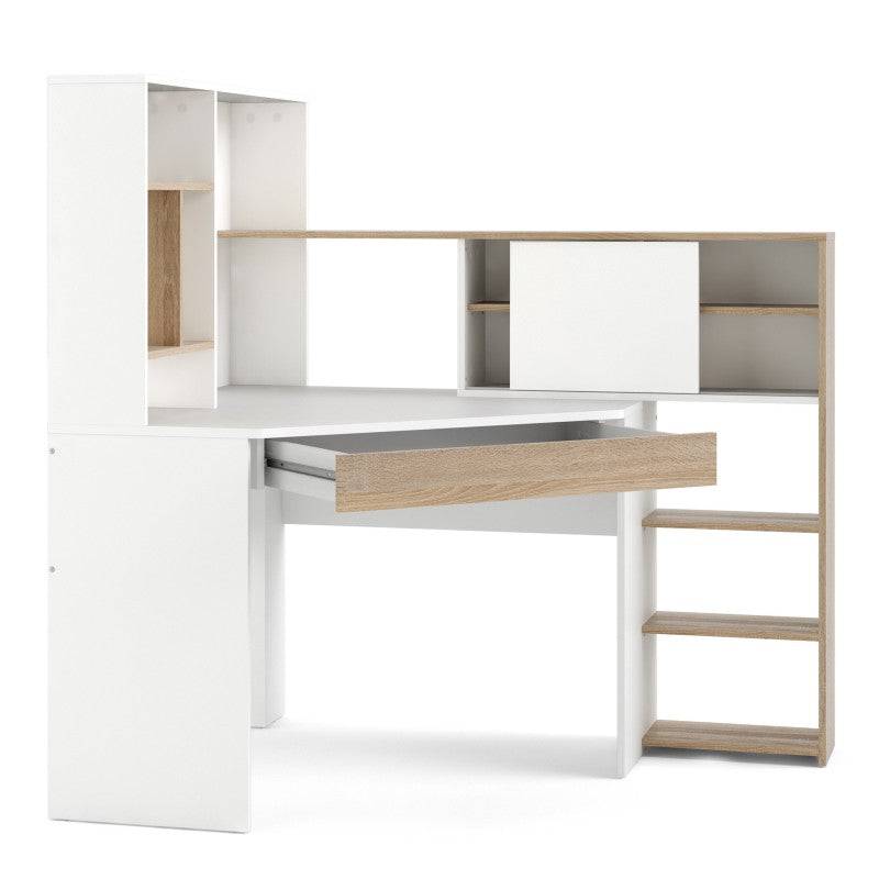 Function Plus Corner Desk with multi-functional unit In White and Oak - Price Crash Furniture