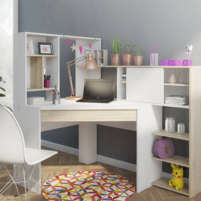 Function Plus Corner Desk with multi-functional unit In White and Oak - Price Crash Furniture