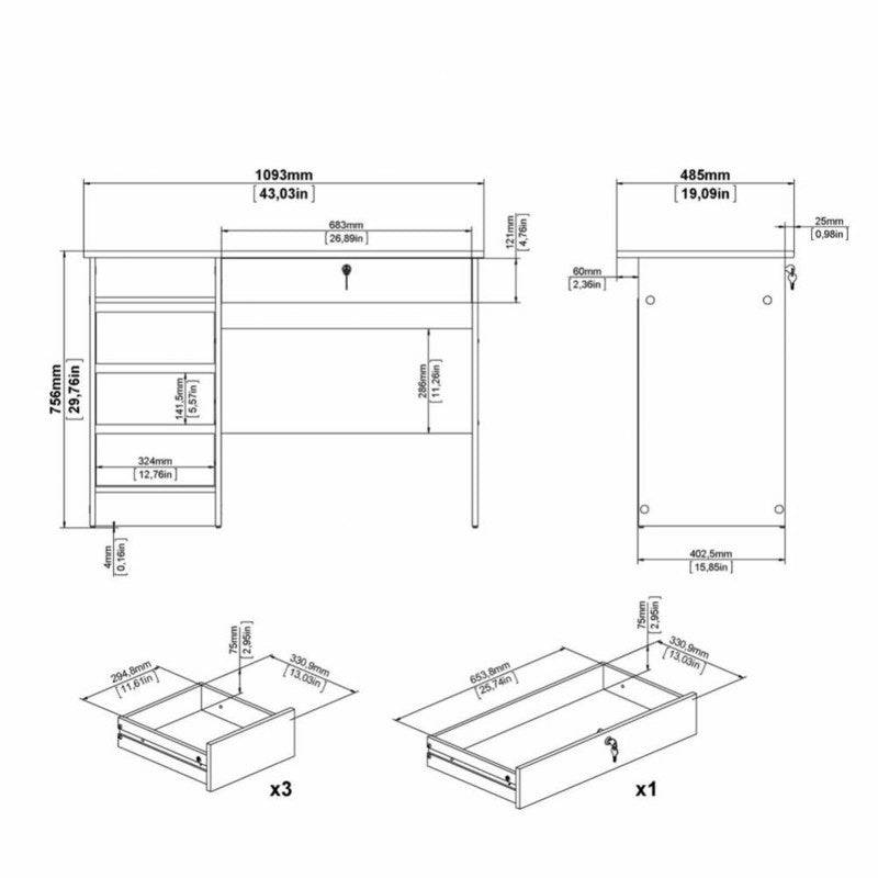 Function Plus Desk (3+1) handle free Drawer in Black - Price Crash Furniture