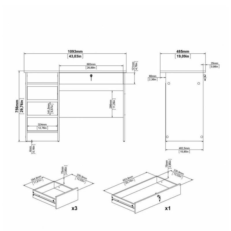 Function Plus Desk (3+1) handle free Drawer in White - Price Crash Furniture