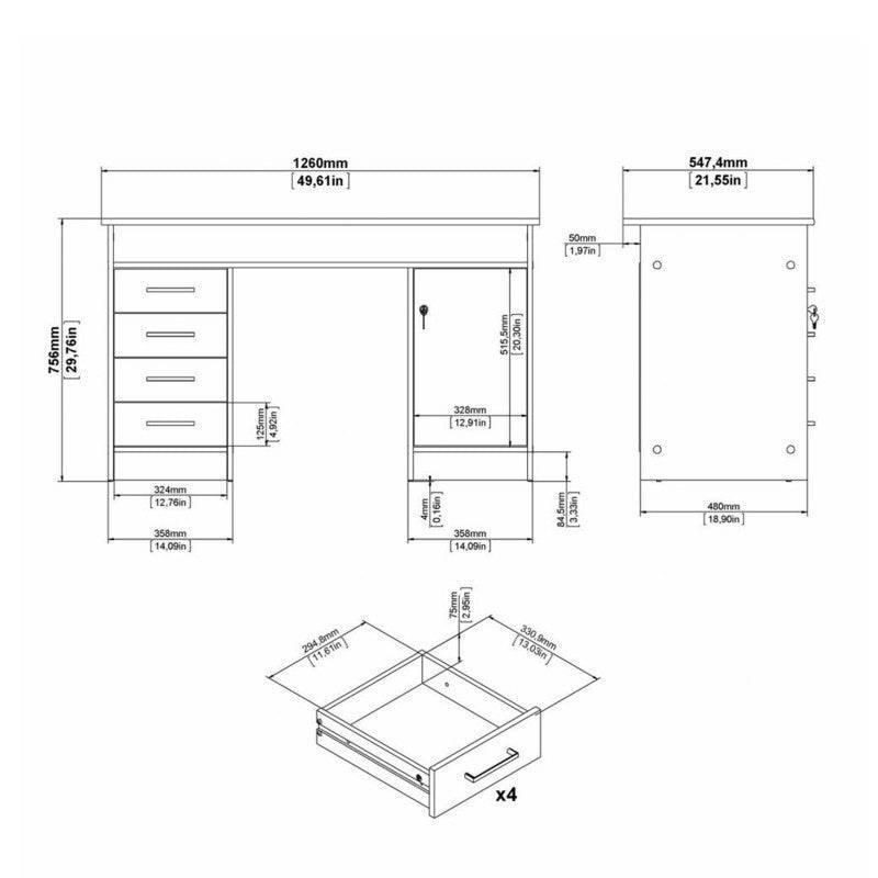 Function Plus Desk 4 Drawer 1 Door in White and Grey - Price Crash Furniture