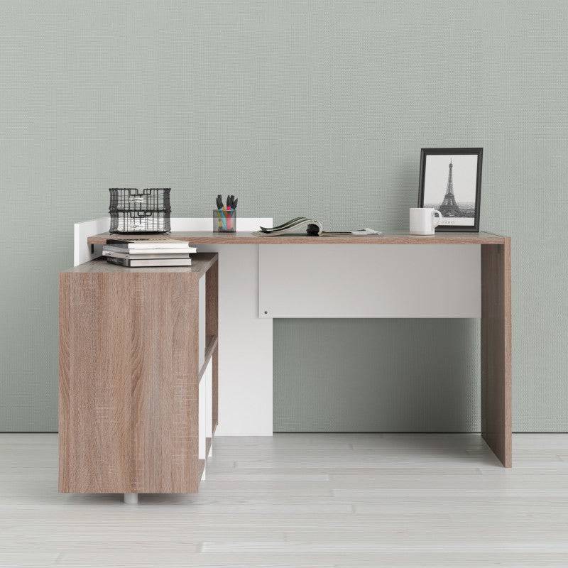 Function Plus Unit Desk with 6 Shelf Bookcase in White and Truffle Oak - Price Crash Furniture